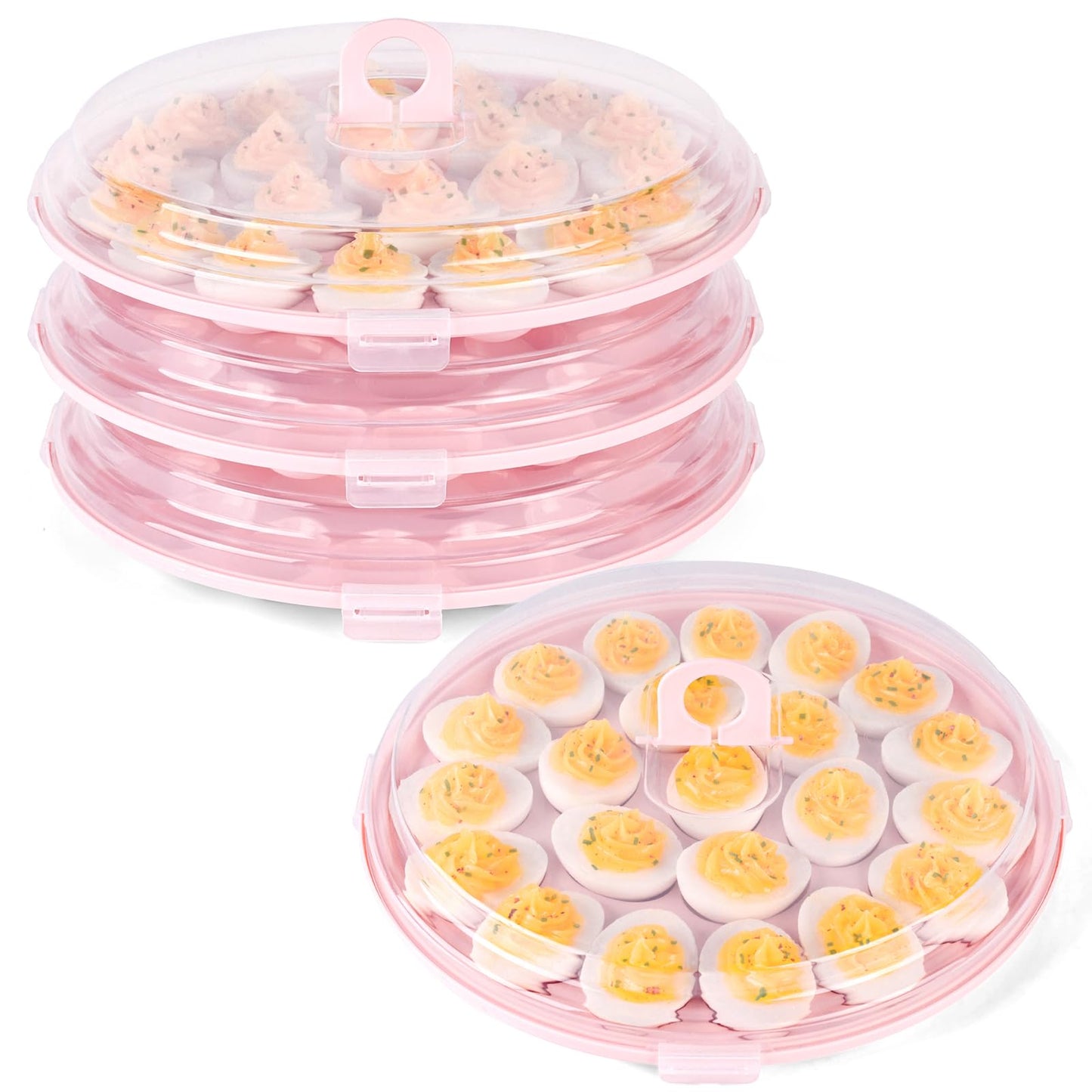 HANSGO Deviled Egg Containers with Lid, 3PCS Deviled Egg Platter Carrier Holder Trays with 66 Slots for Holiday Party and Home Kitchen, Pink