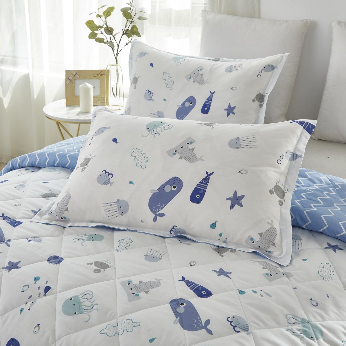 Brandream Kids Duvet Cover Twin Size Cotton Boys Girls Cute Cartoon Blue White Seaworld Comforter Set Ocean Fish Bedding Set 3 Piece