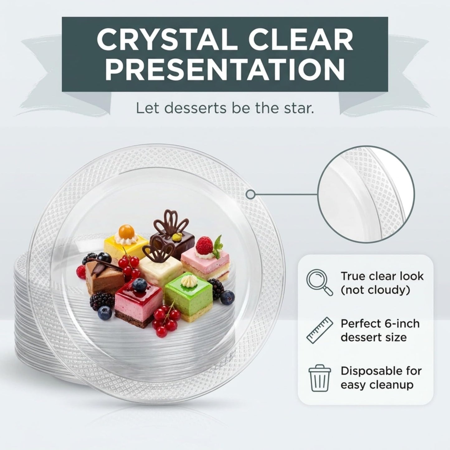 DEEZPOZ 6 Inch Clear Plastic Plates 100 Bulk Pack - Disposable Cake Plates for Dessert & Appetizers, BBQ, Party, Travel and Events,Recyclable (pack of 100 clear)