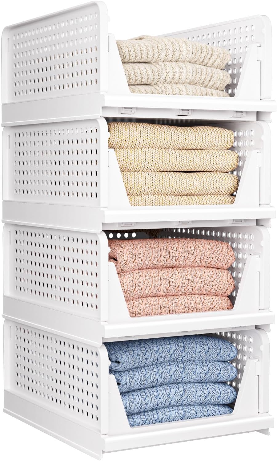 Skiennix Folding Closet Organizers - Stackable Storage Bins for Home & Office | White, 4-Pack