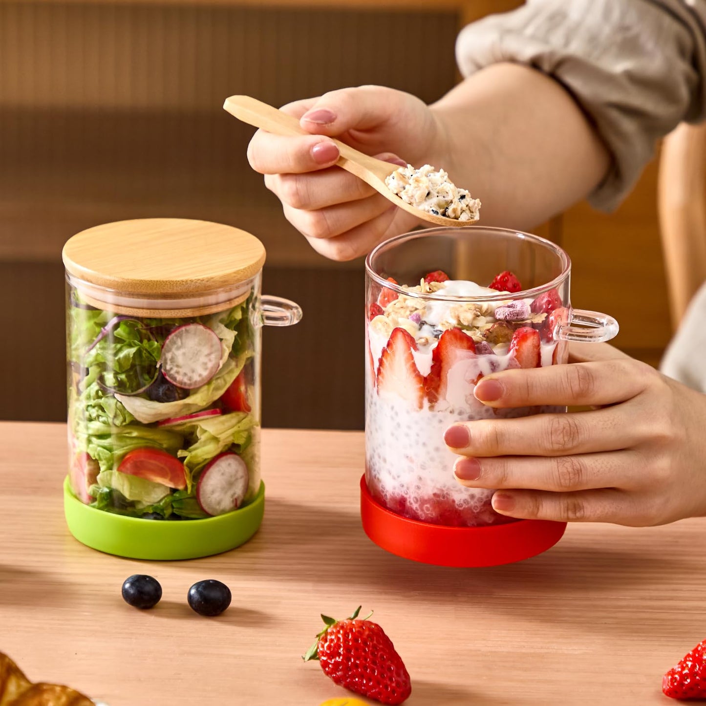 Spreccio Set of 6 Airtight Overnight Oats Jars with Bamboo Lids and Spoons, 22 OZ Overnight Oats Containers with Lids,Glass Food Storage Jar Perfect for Coffee, Tea, Sugar, Beans, and More
