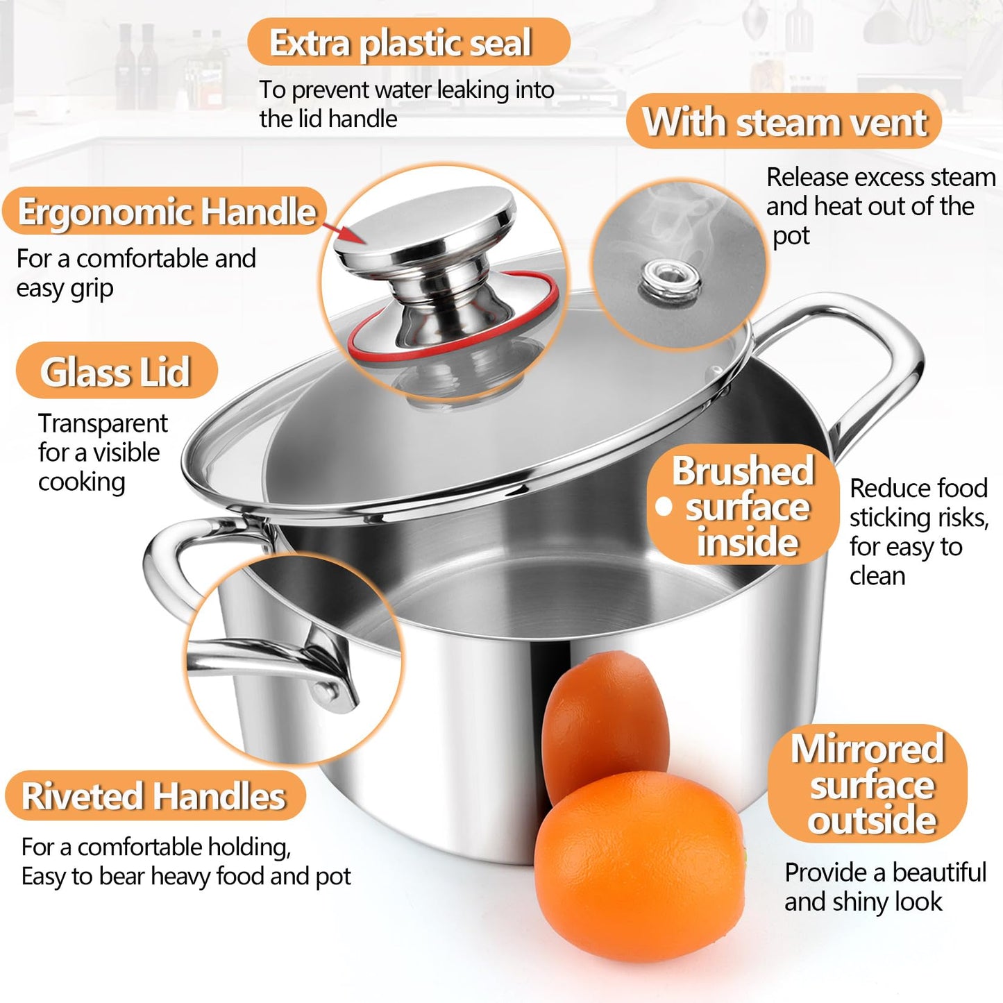 P&P CHEF 4 Quart Tri-Ply Stainless Steel Stock Pot, 4 Qt Stockpot Pasta Cooking Pot with Visible Lid for Soup Vegetable, Induction Cookware for All Stoves, Sturdy & Double Handle, Dishwasher Safe