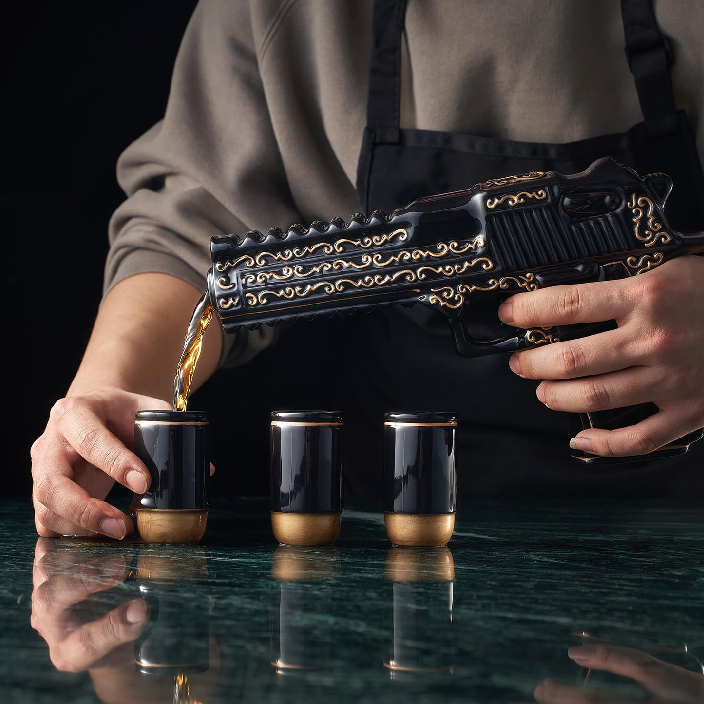 Gifts for Men Dad Hand Painted Gun Whiskey Decanter Set & Shot Glass - Black & Gold & 3 Bullet Shots - Unique Birthday Christmas Gift for Brother, Cool Anniversary Present Him Husband, Pistol Liquor