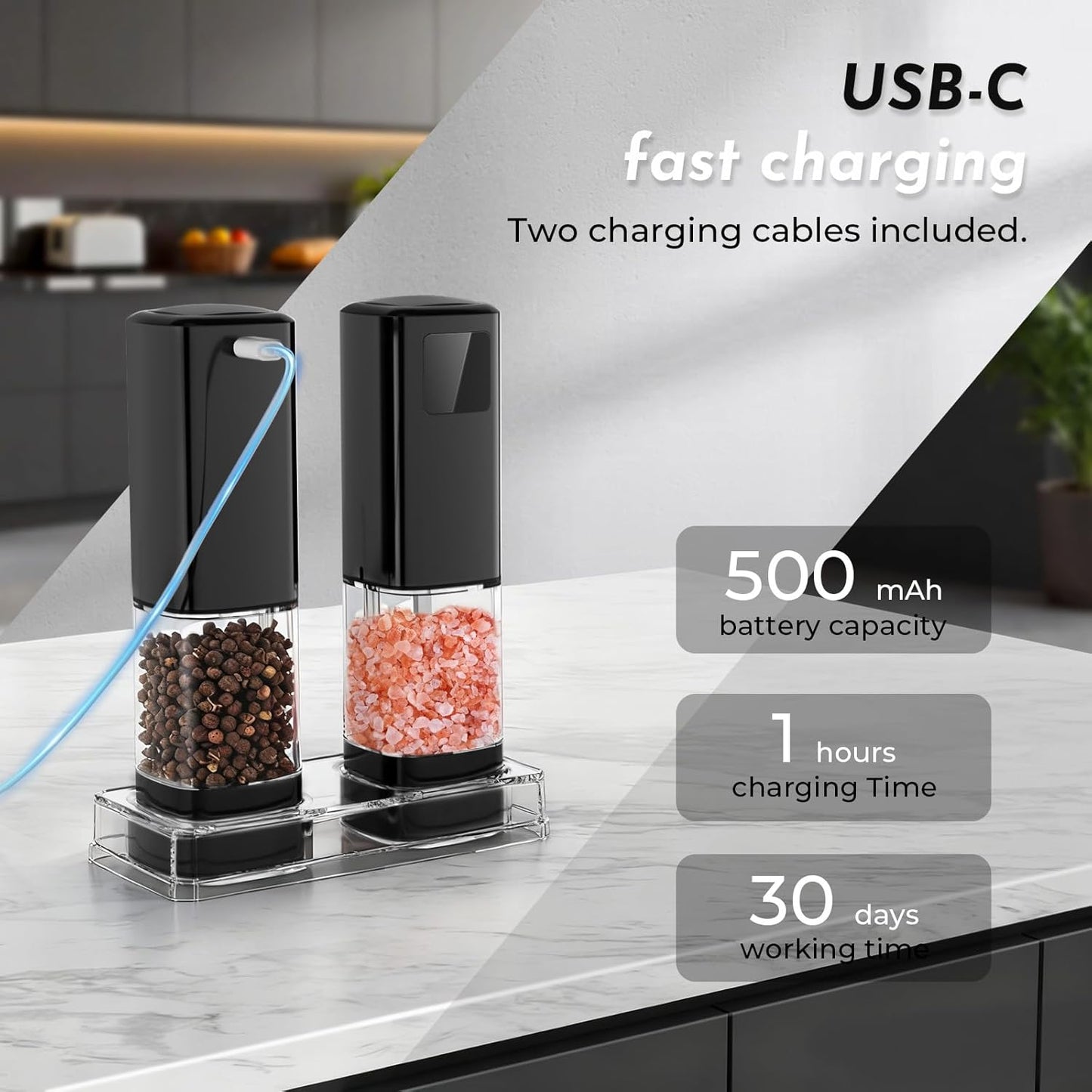Skiennix Electric Salt and Pepper Grinder Set - Rechargeable with Digital Display & Adjustable Coarseness