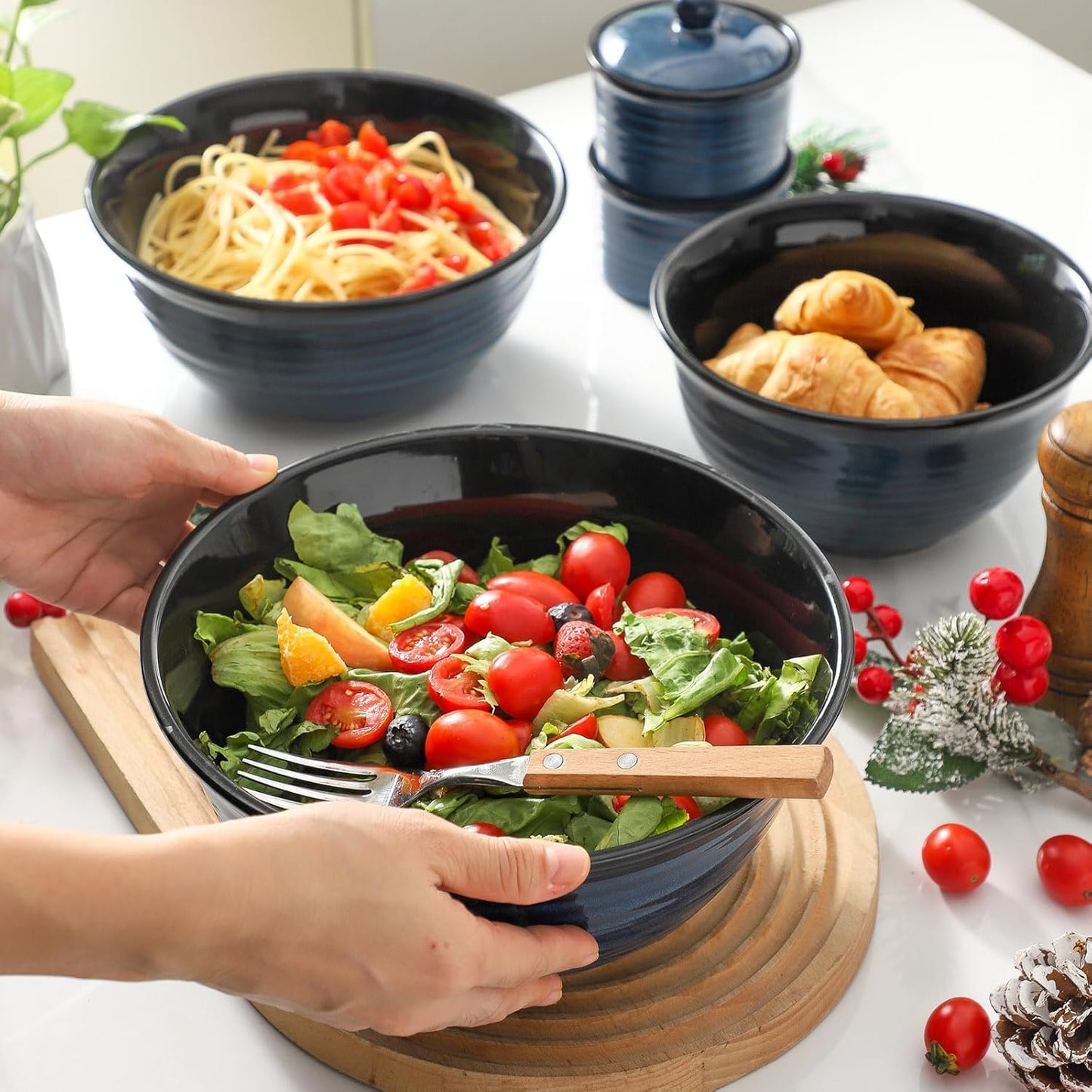 Tikooere Ceramic Mixing Bowls,Large Serving Bowls 2.1/1.5/1.0 Qt,Salad Bowls Set of 3 for Kitchen Space Saving Storage,Nesting Bowls for Popcorn,Soup,Fruit, Microwave & Dishwasher Safe,Navy Blue