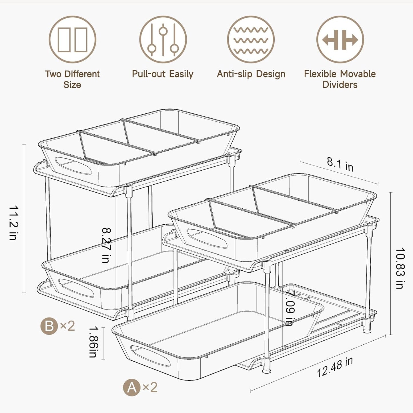 Sevenblue Under Sink Organizer - 2 Tier Multi-Use Pull Out Cabinet Storage with Hooks & Cups | Transparent, 4 Pack