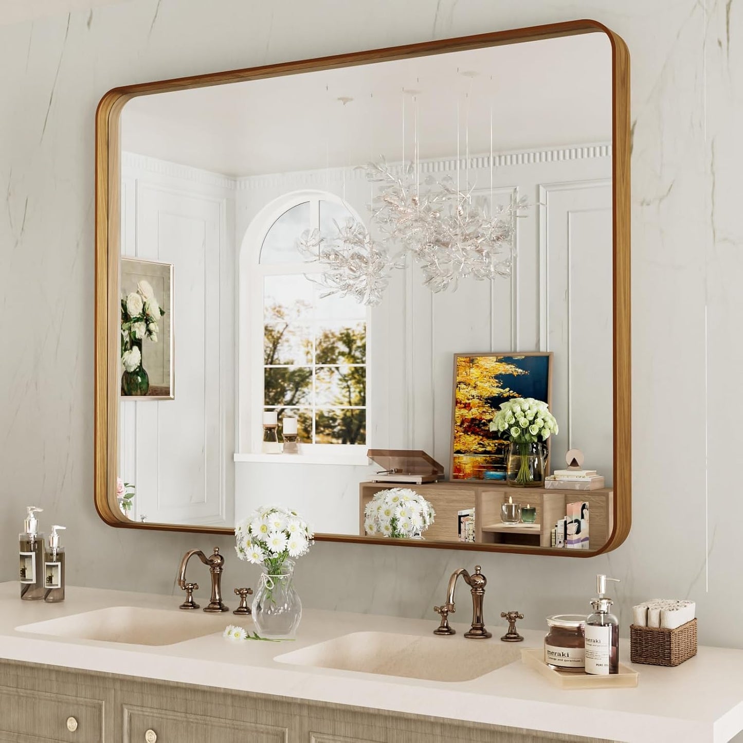LOAAO Bathroom Mirror - 40x32 Inch Rounded Rectangle Design with Wood Grain Metal Frame | Anti-Rust, Versatile Hanging Options