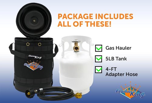 Flame King Gas Hauler Pro Kit - Insulated Carry Case with 5LB Propane Tank & 5-FT Adapter Hose for Camping