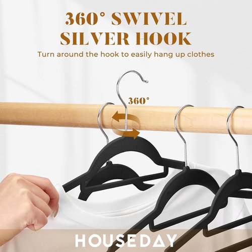 HOUSE DAY Velvet Hangers - 20 Pack Non-Slip Slim Felt Hangers with Tie Bar & 360° Swivel Hook | Elegant Black