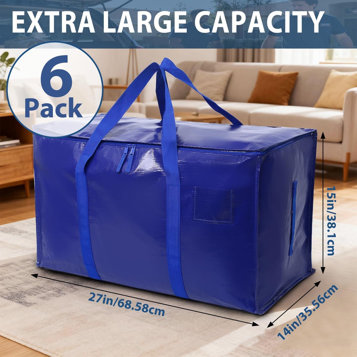 Skiennix Heavy-Duty Extra Large Moving Bags - Waterproof Storage Totes with Handles & Zippers | 6 Pack (Blue)