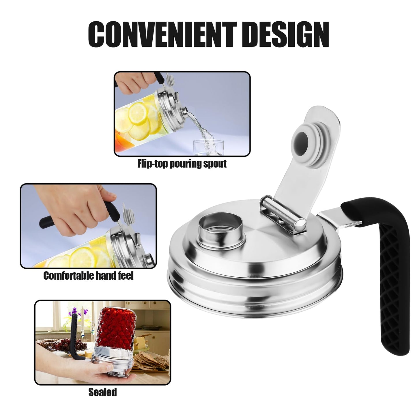 Stainless Steel Pour Spout Lids - Wide Mouth Mason Jar Lids with Handle - 2 Pcs