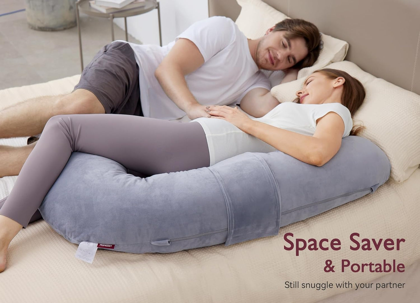 Momcozy Pregnancy Pillow - Original F Shaped Maternity Pillow with Adjustable Wedge | Full Body Support, Grey Velvet Cover