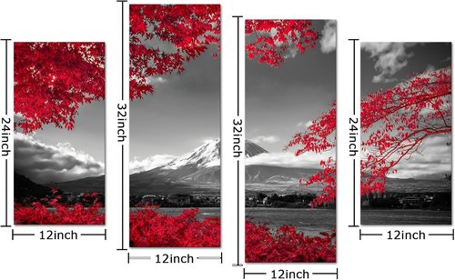 Fochorlo Canvas Wall Art Set - Large 4-Piece Japan Fuji Mountain Prints with Maple Leaves | Modern Red Decor for Bedroom & Office