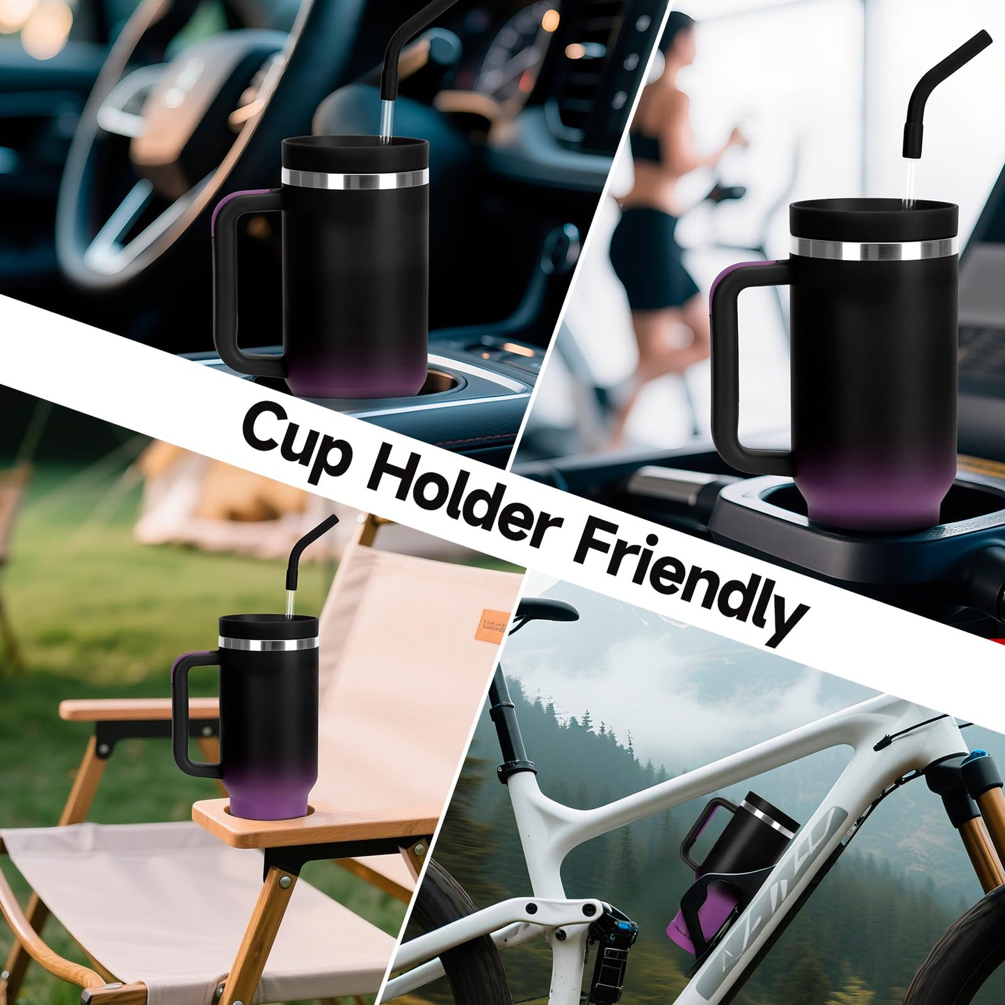 40oz Tumbler with Handle and Straw Spout 2-in-1 Lid, Spill Leak Proof Insulated Travel Cup Traveler Water Mug Keep Cold Hot, Dishwasher Safe Stainless Steel Bottle Gifts for Women Men, Black Purple