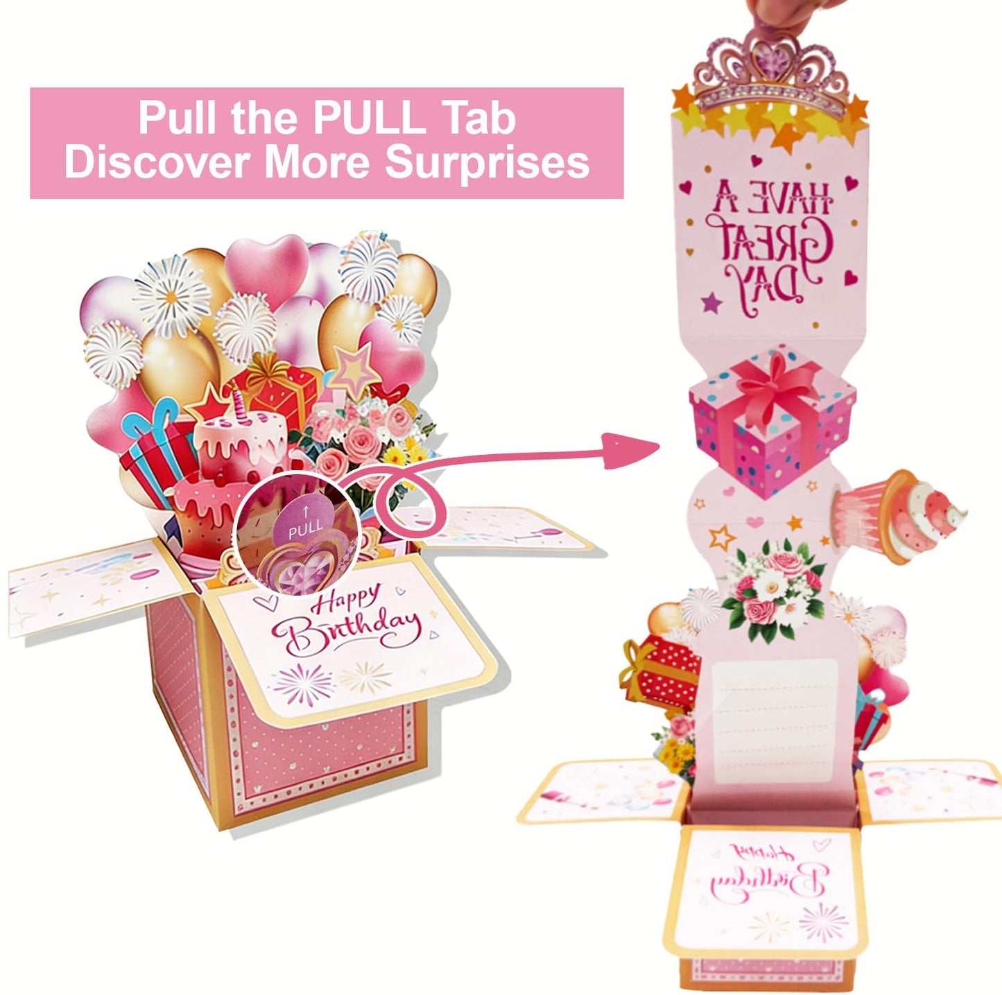 SOLIFEGOBLE 3D Pop Up Birthday Card, Handmade Pull Out Surprise Gift Box Greeting Card with Envelope, Birthday Gift for Women Mom Wife Daughter Girlfriend
