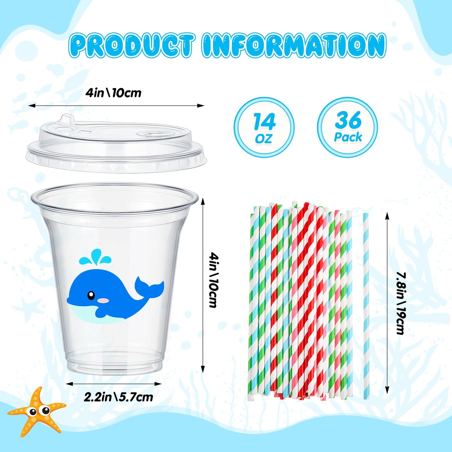 Boao 36 Sets Under the Sea Ocean Party Cups with Lids and Paper Straws 14 oz Summer Sea Birthday Party Supplies Beach Pool Disposable Clear Plastic Cups Bulk