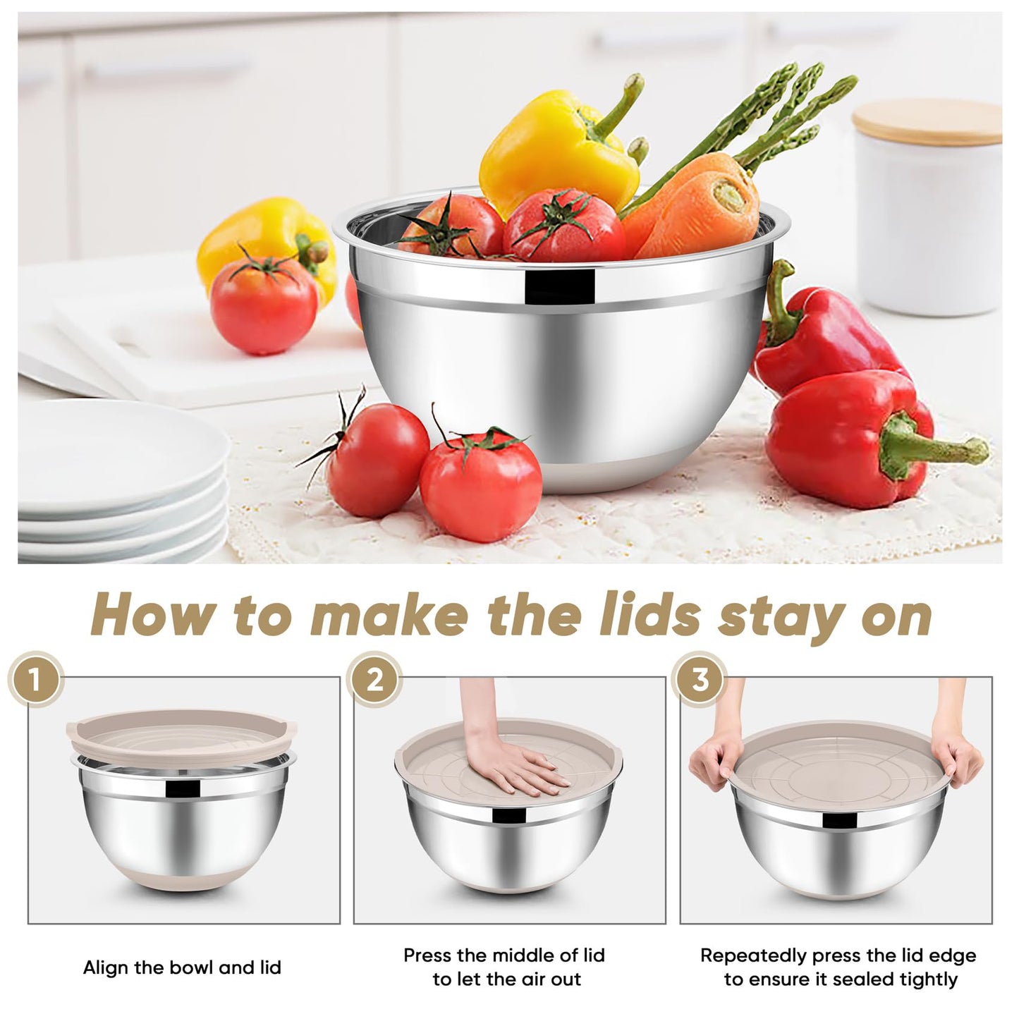 TeamFar Khaki Mixing Bowls, Stainless Steel Metal Nesting Salad Bowls with Airtight Lids Set of 5, Healthy & Heavy Duty, Non-slip Bottom & Airtight Lid, 7/3.5/2.5/1.5/1 QT