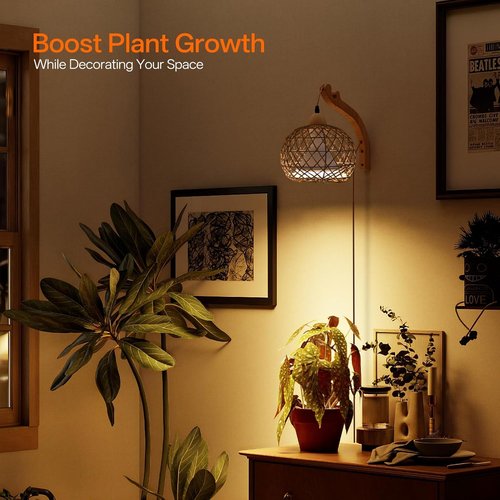Bstrip Hanging Grow Lights - 18W Full Spectrum Indoor Plant Light | Boho Rattan Lantern Shade, 3800K
