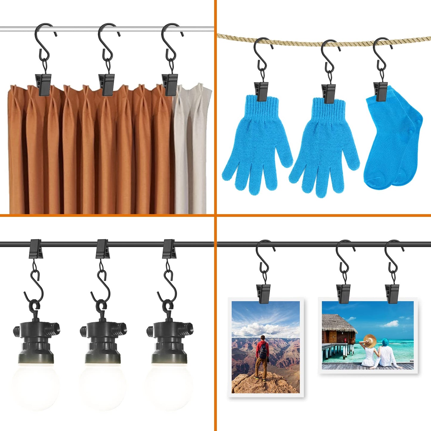 40 PCS Curtain Clips with S Hooks for Outdoor String Lights, Stainless Steel S Hooks with Clips for RV Awning and Gutter Lights (Black)