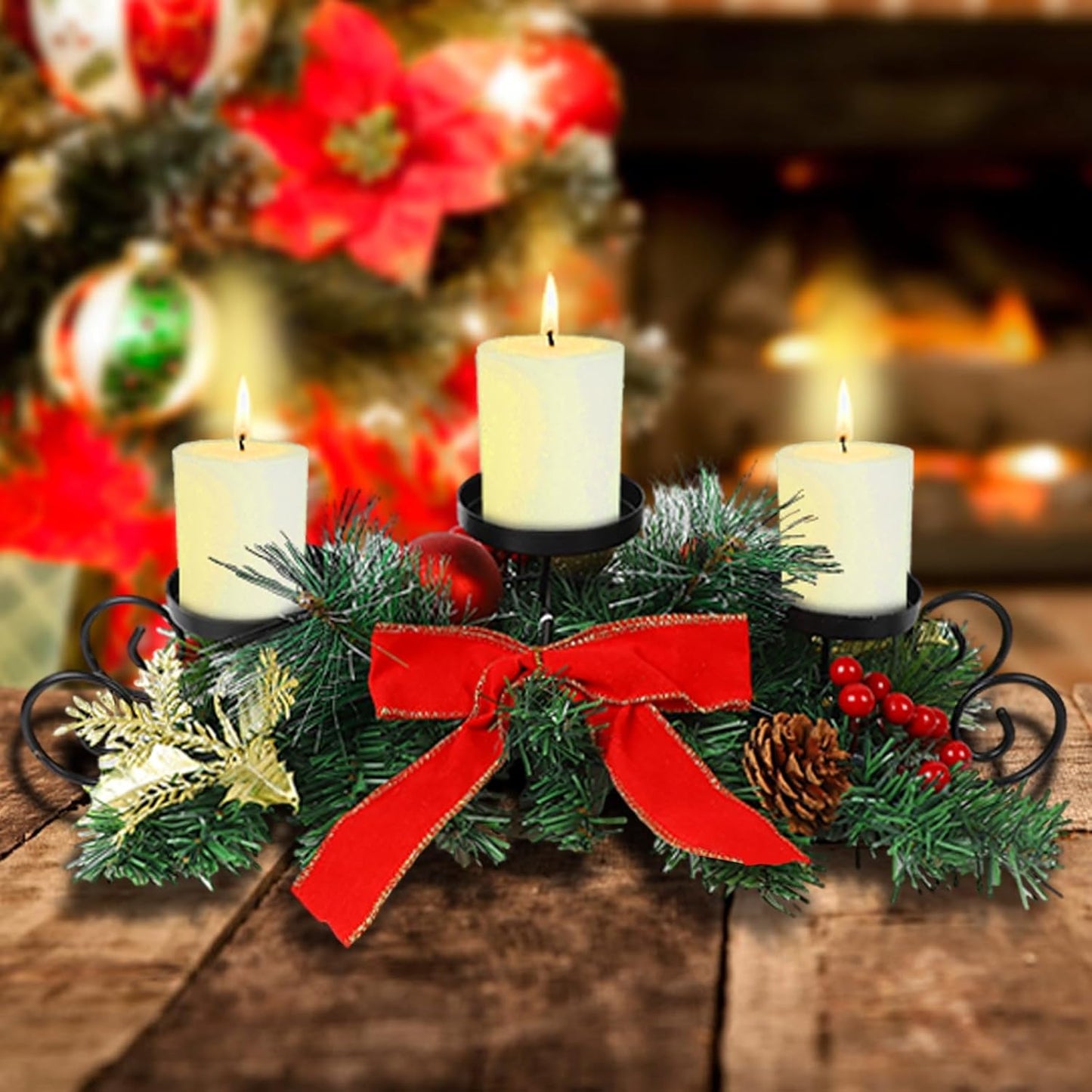 MorTime Christmas Candle Holder - Festive Table Centerpiece with Red Bow, Berries & Pinecones | Steel Base Decor