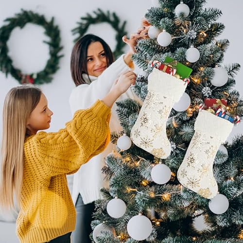 2 Large Christmas Stockings 17 x 10 Inches, Christmas Fireplace Hanging Stockings, Faux Fur Christmas Stockings Plush Velvet, Fireplace Stockings with Embroidered Golden Snowflake for Christmas Decor
