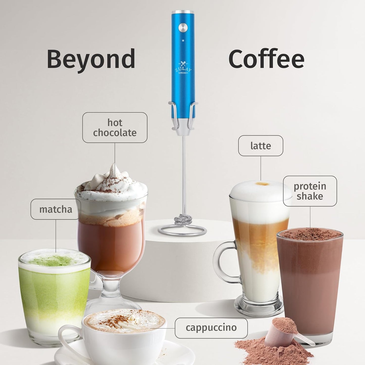 Zulay Kitchen Rechargeable Milk Frother - Powerful 2-Speed Motor, Waterproof, 2000mAh Battery | Metallic Blue Drink Mixer for Lattes, Cappuccinos, Matcha & Protein Powder
