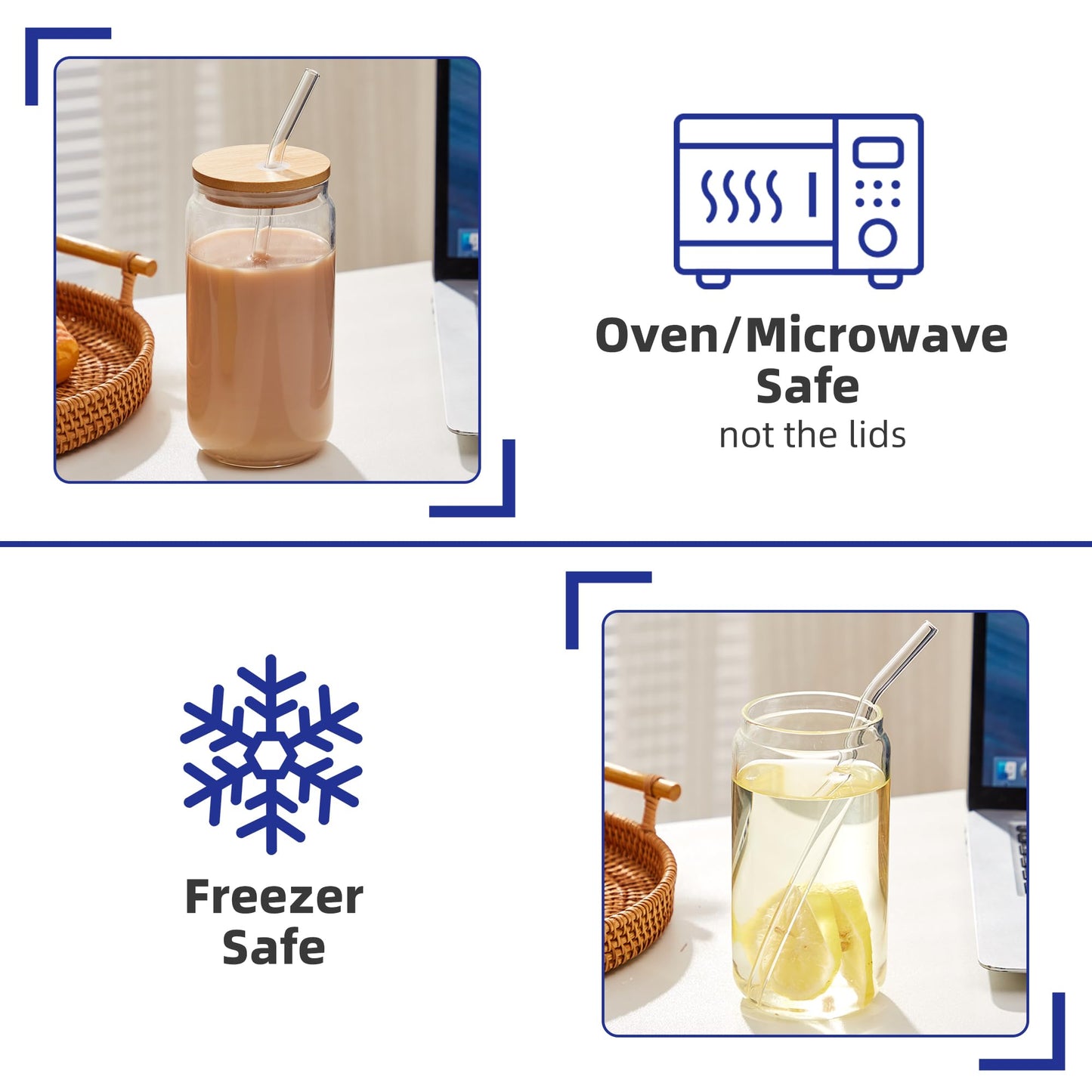 Mzowgzk 6pcs Set-16oz, Glass Cups with Bamboo Lids and Glass Straw - Beer Can Shaped,CuteTumbler Cup,Soda,deal for Cocktail,Iced Coffee Cups,6 Cleaning Brushes glass cups with lids and straws