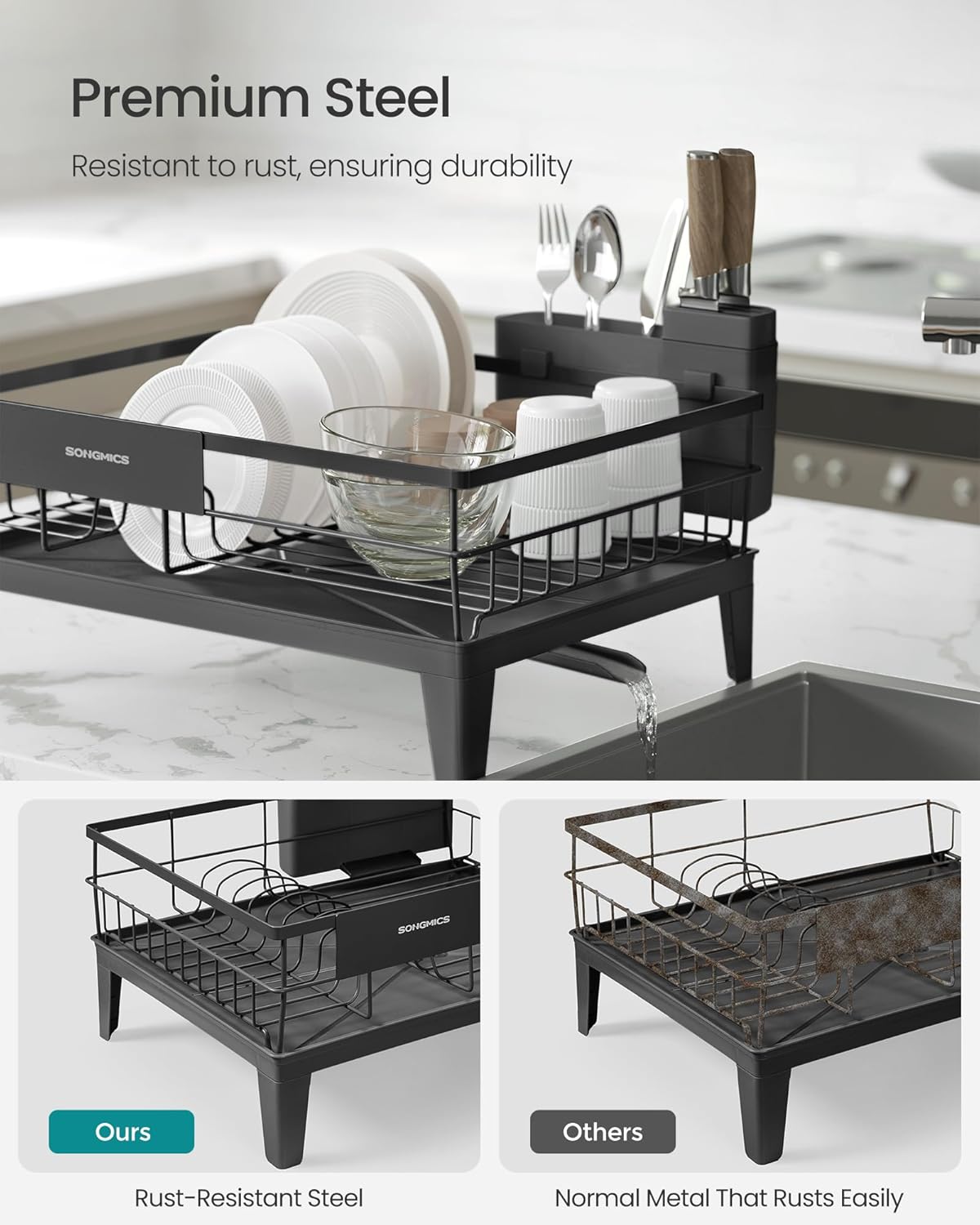 SONGMICS Dish Drying Rack - 360° Rotatable & Extendable Spout with Cutlery Holder | Ink Black, 12.2 x 16.5 x 7.3 Inches
