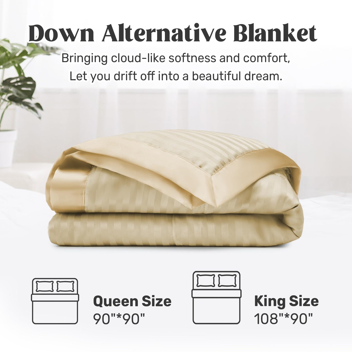 UNIKOME Blankets King Size - Soft Lightweight Down Alternative Blankets with Satin Trim, Cozy Luxury Bed Blanket for All Season, Khaki (108"X90")