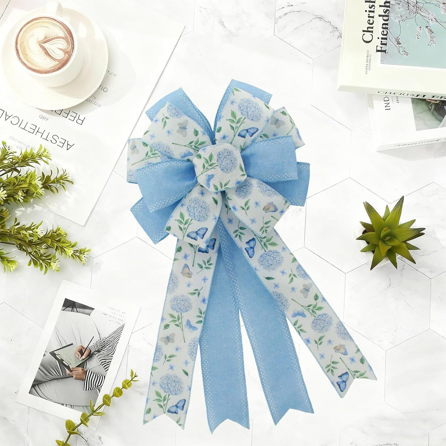 Skiennix 20.87 Inch Large Spring Bow - Blue Hydrangea & Butterfly Burlap Ribbon for Easter Decor | Indoor/Outdoor Use