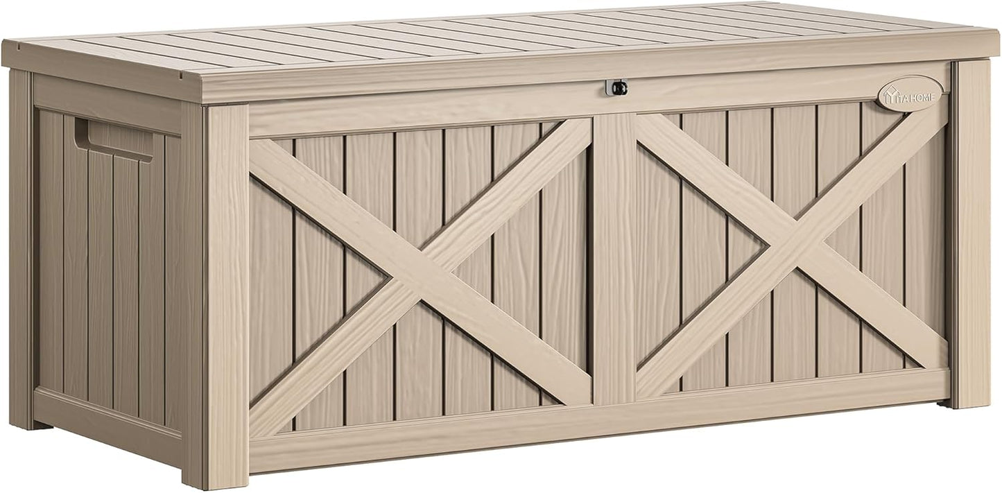 YITAHOME 150 Gallon Outdoor Storage Box - Waterproof Resin Deck Bench for Patio & Garden - Taupe