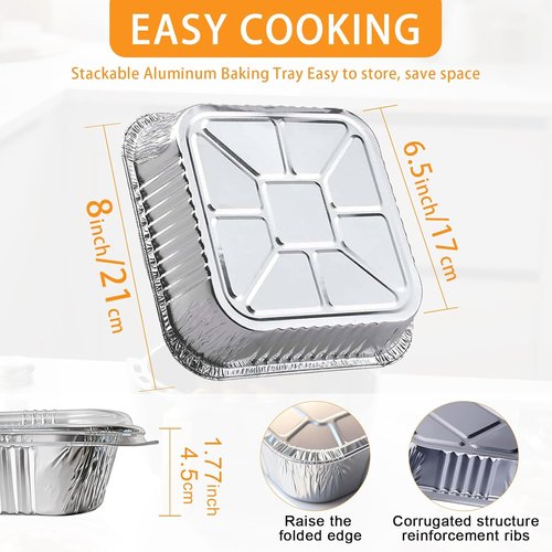 Heavy-Duty 8x8 Aluminum Pans with Lids by [Brand Name] - 35-Pack Disposable Square Baking Trays for Meal Prep & Food Storage