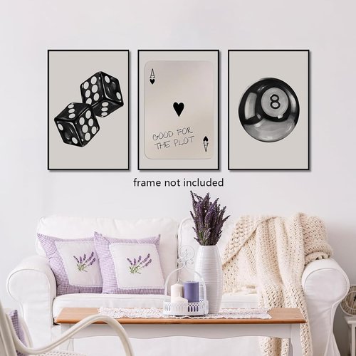 BOKPEN Black and White Poker Dice Wall Art - Retro Y2K Canvas Prints for Game Room | 12x16in Unframed