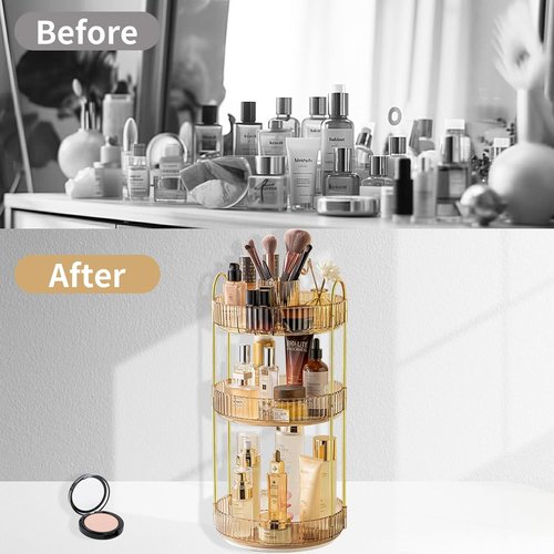 Asayuee 360 Rotating Makeup Organizer - Large 3-Tier Storage for Cosmetics & Skincare | Gold