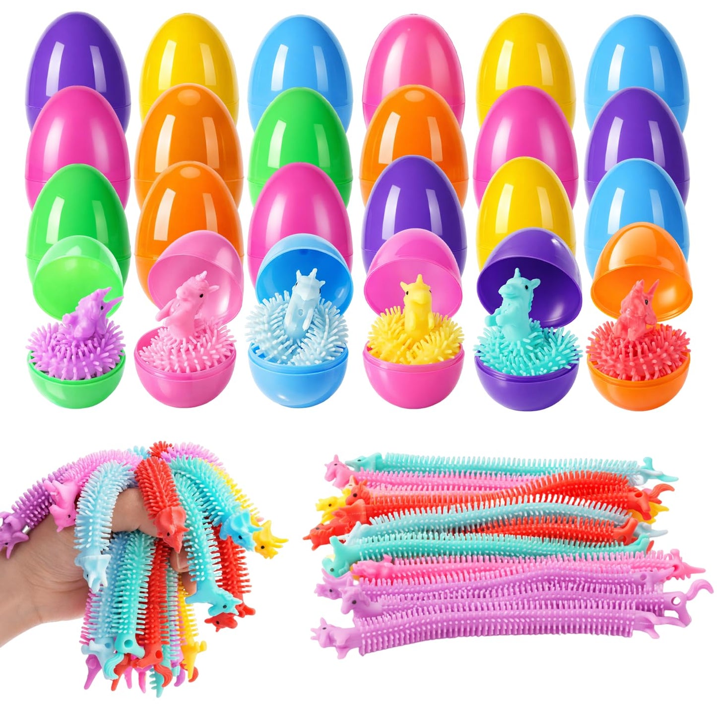 Yunfan 24 Pack Prefilled Easter Eggs with Dinosaur Stretchy Strings Fidget Toys Stress Reliever Sensory Squeeze Toys for Easter Basket Stuffers Egg Hunt Party Favors Birthday Gifts