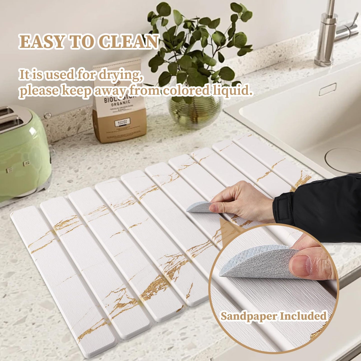 3 PCS Large Stone Dish Drying Mat for Kitchen Counter - Quick Dry Diatomaceous Earth Mat with 2 Coasters, Ultra Absorbent Stone Drying Pad for Dishes & Cups, Heat Resistant, Gold Marble