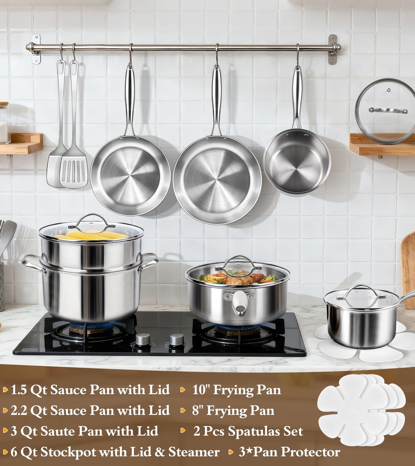 16-Piece Pots and Pans Set, Tri-Ply Stainless Steel Cookware Set with Lids, Non-toxic Kitchen Cooking Set, Dishwasher-Friendly, Induction-Ready, Even Heating, Heavy Duty, Compatible with All Cooktops