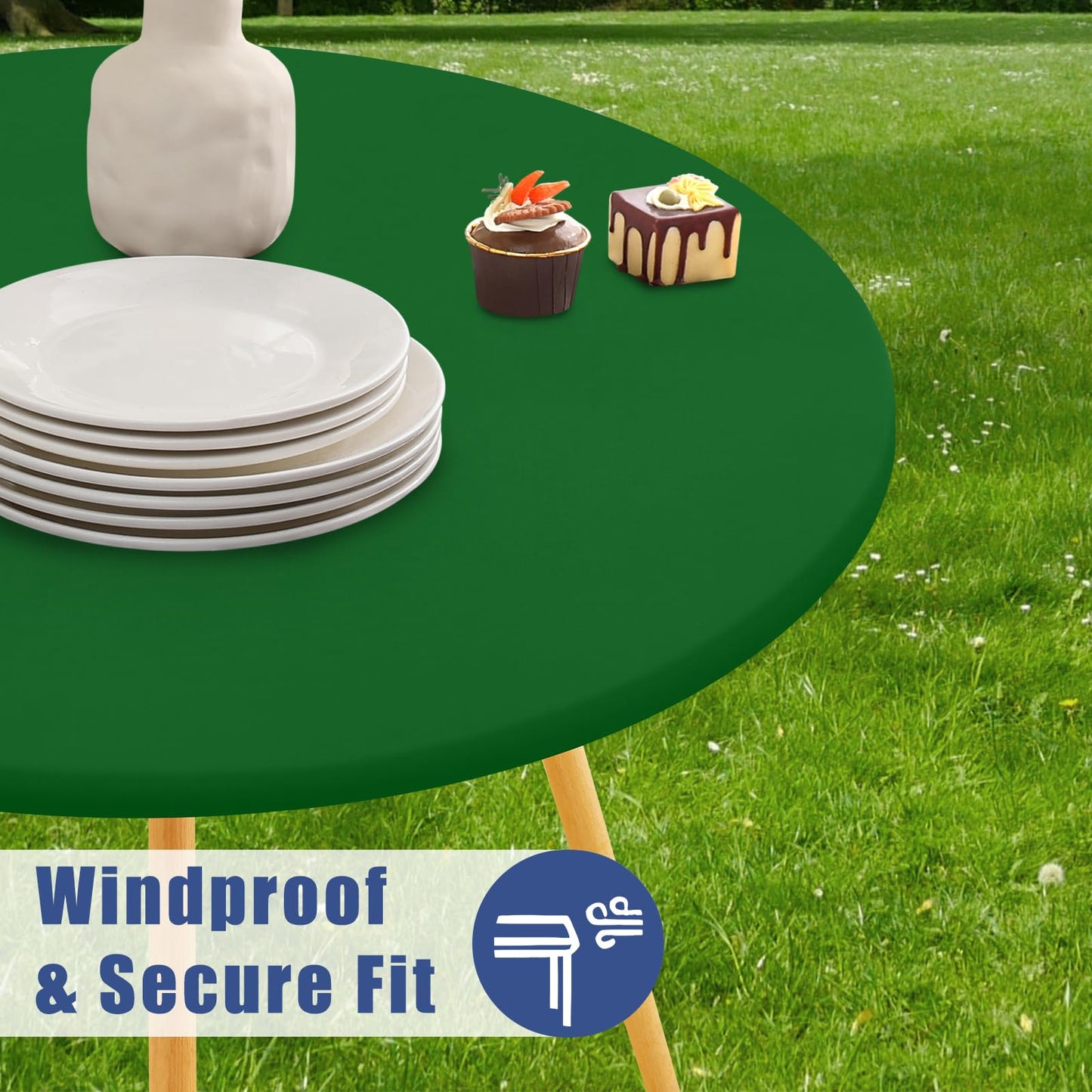 Moosfor Round Spandex Tablecloth, Elastic Fitted Waterproof Tablecloths for 42"-50" Tables, Stretch Washable Picnic Table Cover for Camping, Dining, Indoor and Outdoor, Emerald Green