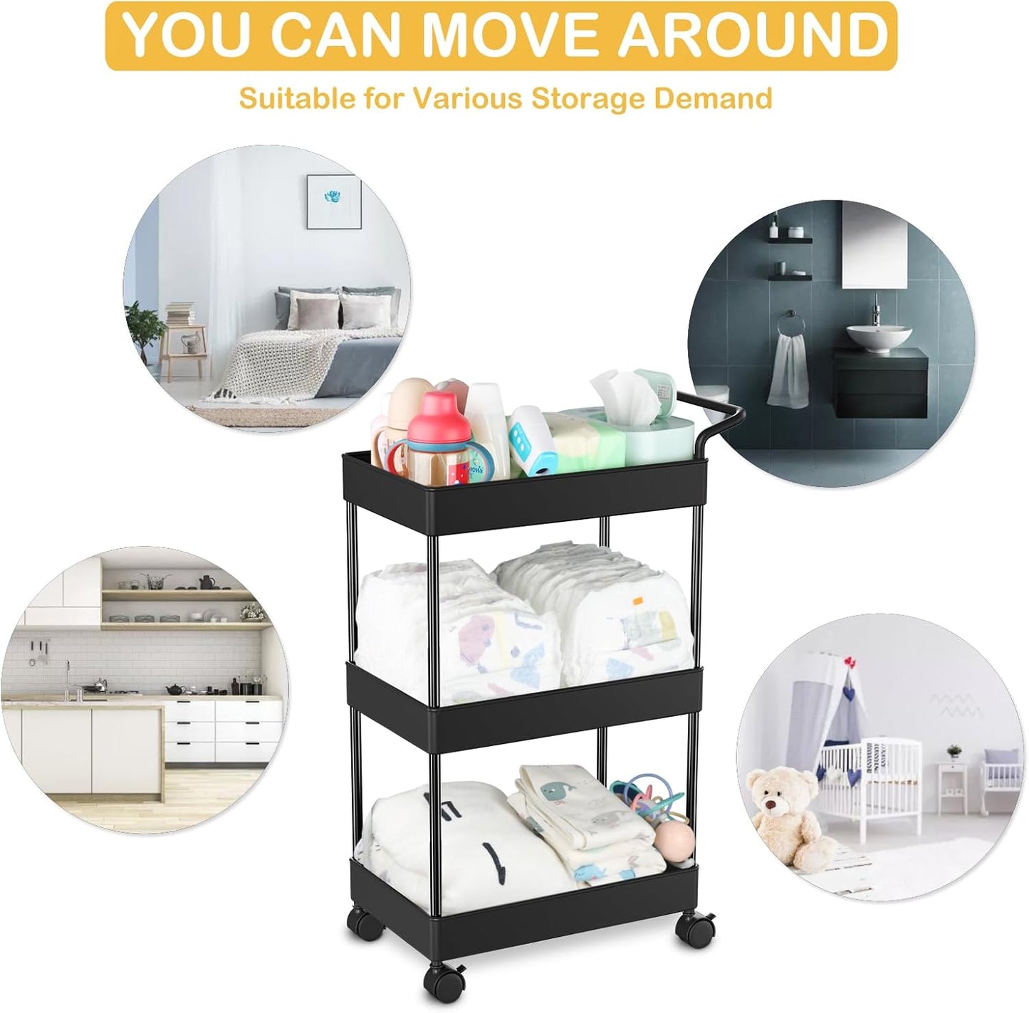 Volnamal Diaper Caddy - Movable Plastic Organizer for Nursery Essentials | Black Baby Storage Cart
