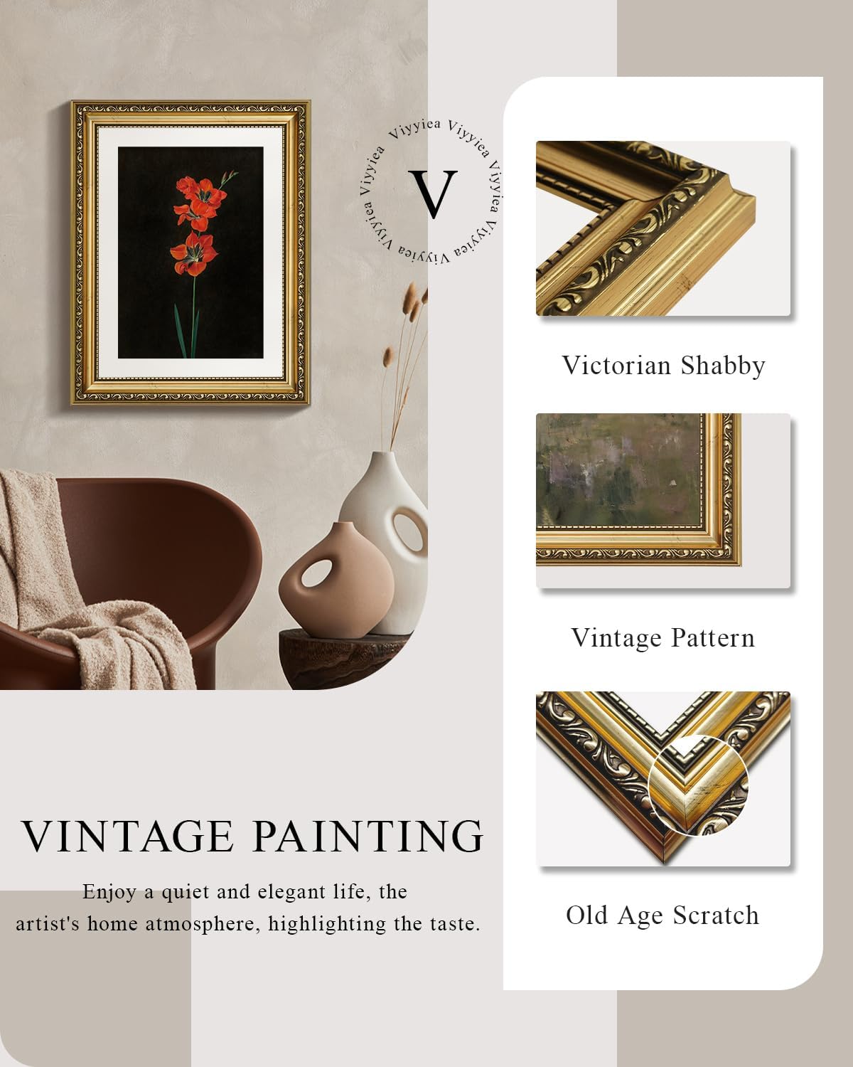 VIYYIEA Gold Framed Canvas Print - Red Flower Wall Art on Black Background | Aesthetic Home Decor 11x14in