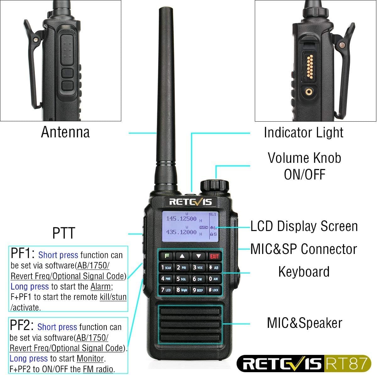 Retevis RT87 2 Way Radio Long Range, IP67 Waterproof 1m/30min,Fully Dustproof, Rugged Two Way radios,Emergency Alarm, 128 Channel, High Power, VOX, Walkie Talkie for Security Outdoor Camping(1 Pack)