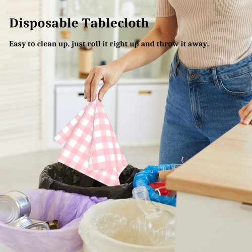 12 Pcs Pink Gingham Tablecloth 54 × 108 Inches Pink and White Checkered Table Cloth Disposable Plastic Waterproof Tablecover for Outdoor Picnic, Birthday Party, Holiday Dinner