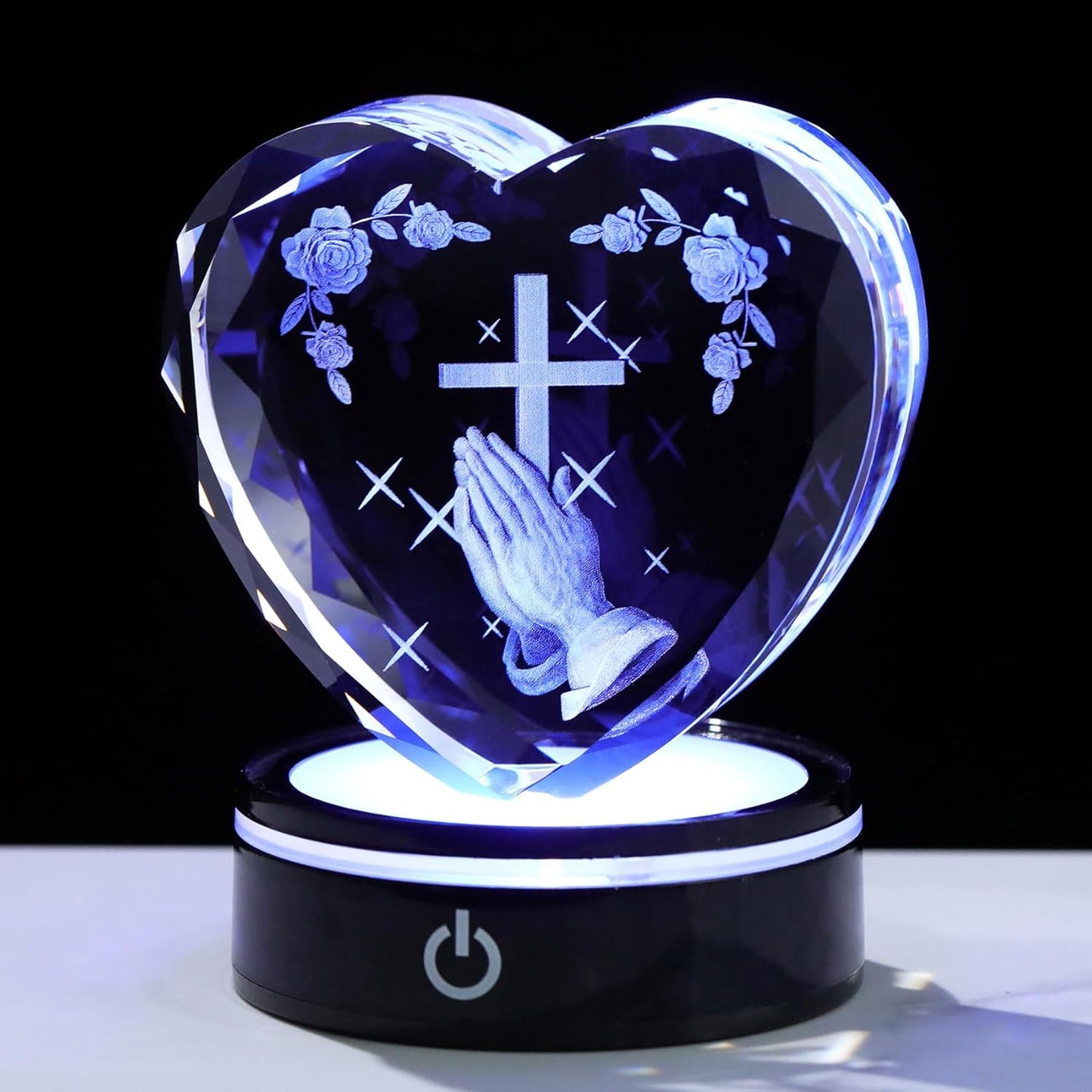 Ornalrist Crystal Heart 3D Praying Hands | Colorful LED Base | Religious Gift for Men & Women