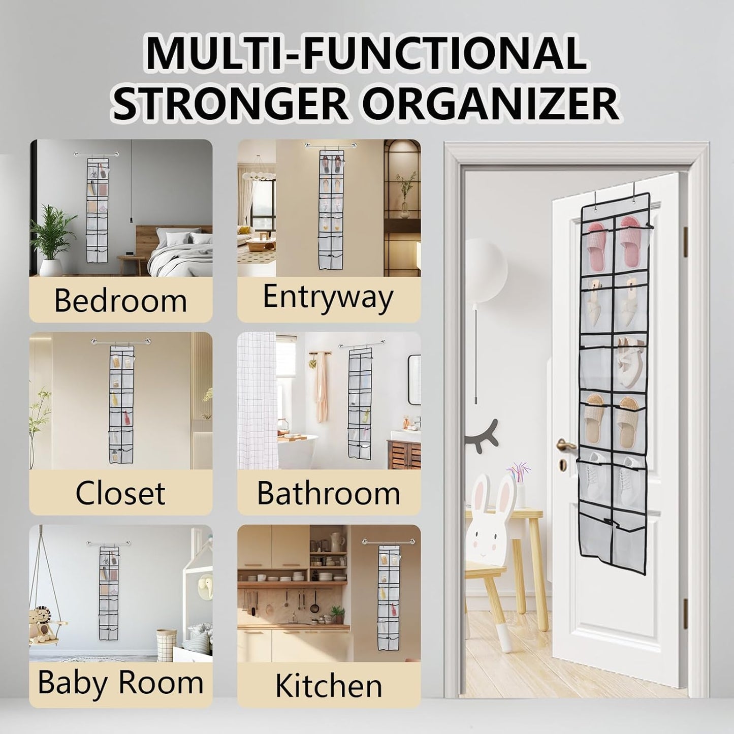 Over The Door Shoe Organizer - 12 Mesh Pockets With 4 Metal Hooks | Space-Saving Storage Solution (White)