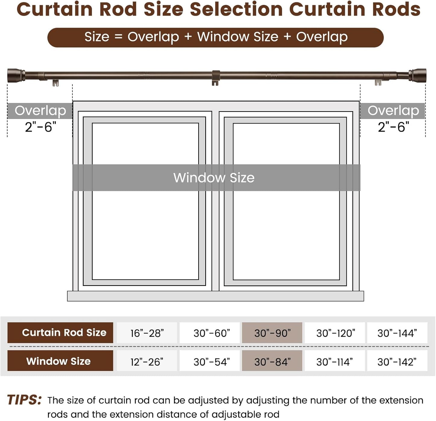 Regine Switzerland Heavy-Duty Adjustable Curtain Rod - 30 to 90 Inch, Brown, 1 Inch Diameter