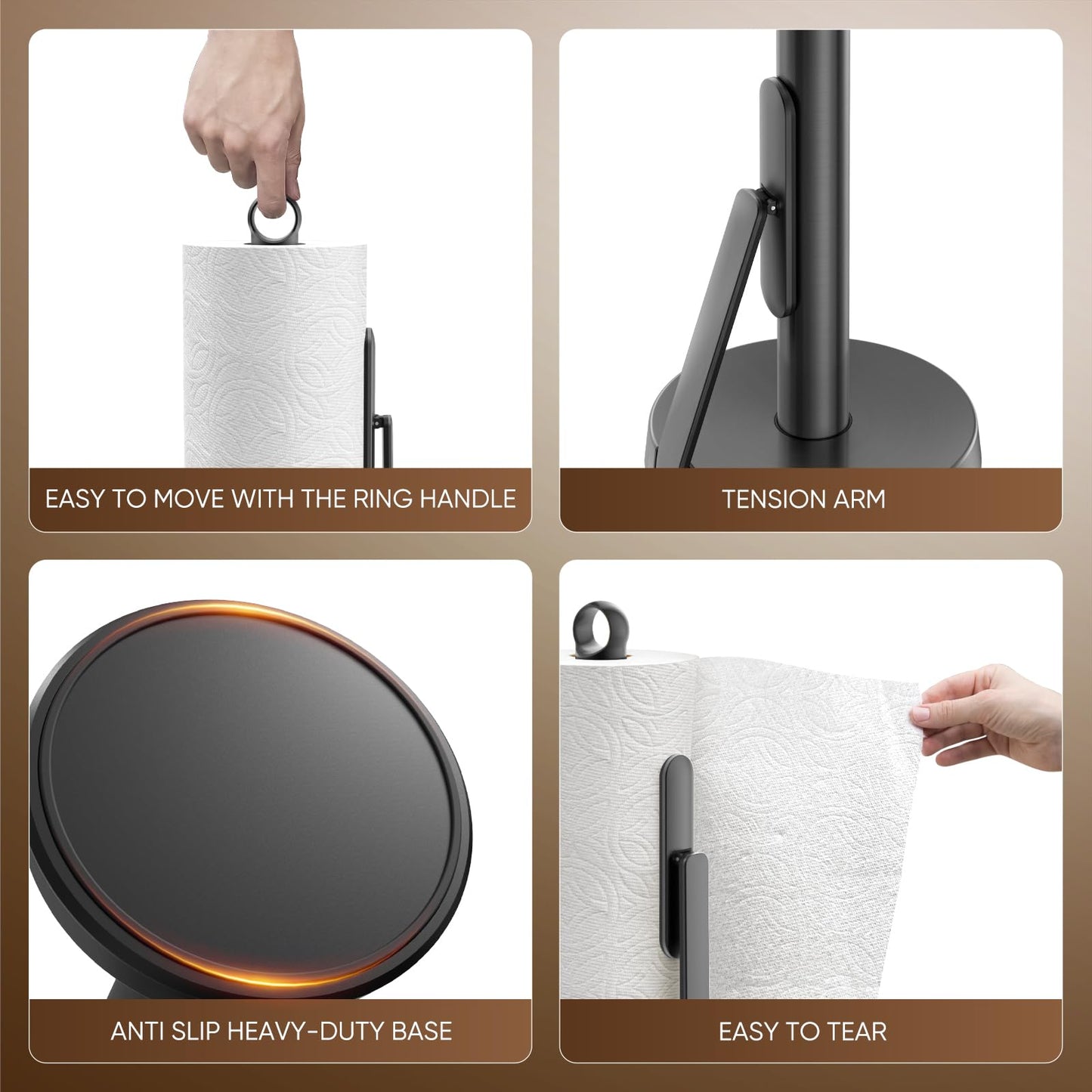 theaoo Heavy-Duty Stainless Steel Paper Towel Holder with Tension Arm – Easy One-Handed Tear, Modern Standing Countertop Dispenser for Kitchen, Holds All Paper Towel Rolls (1, Black)