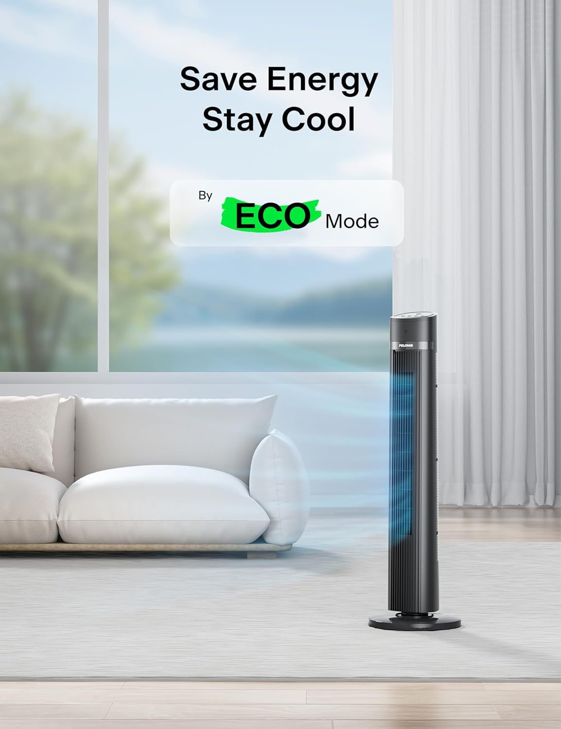 PELONIS Bladeless Tower Fan - 40 Inch Standing Fan with Remote, 90° Oscillation, 3 Speed Modes, Grey
