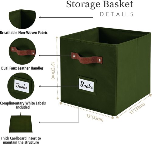 DECOMOMO Storage Cubes - 13x13x13 Fabric Organizer Bins with Labels | 6-Pack in Olive Green