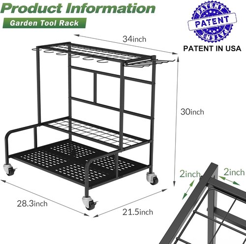 Garden Tool Organizer Rack - Heavy-Duty Steel Storage for Up to 39 Tools | Includes 12 Hooks & Wheels, Black