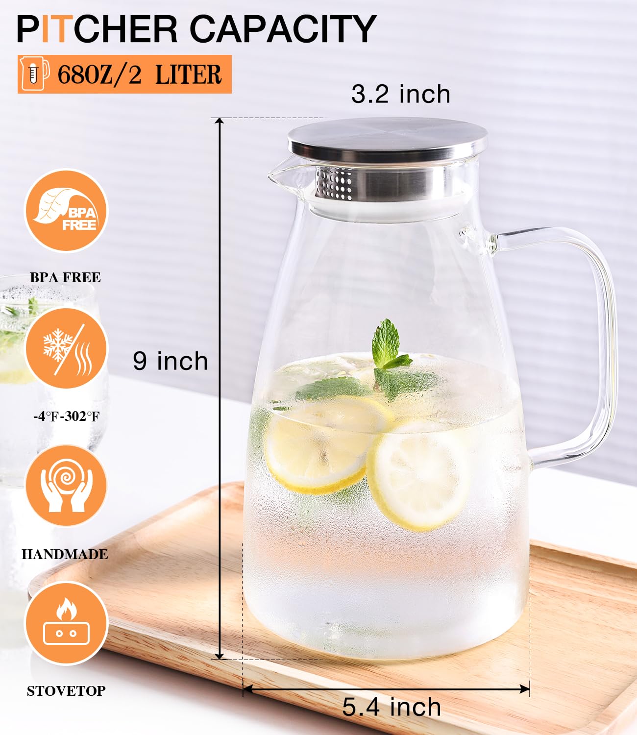 Potdoctor Glass Pitcher with Lid, 2 Liter 68oz Water Pitcher with Handle and Spout for Fridge, Borosilicate Glass for Iced Tea, Juice, Sangria, Cold/Hot Beverage, Large Jug